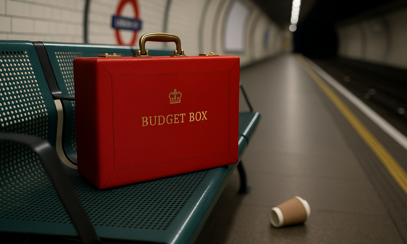 The Chancellor's Budget Box abandoned on a bench in an underground station