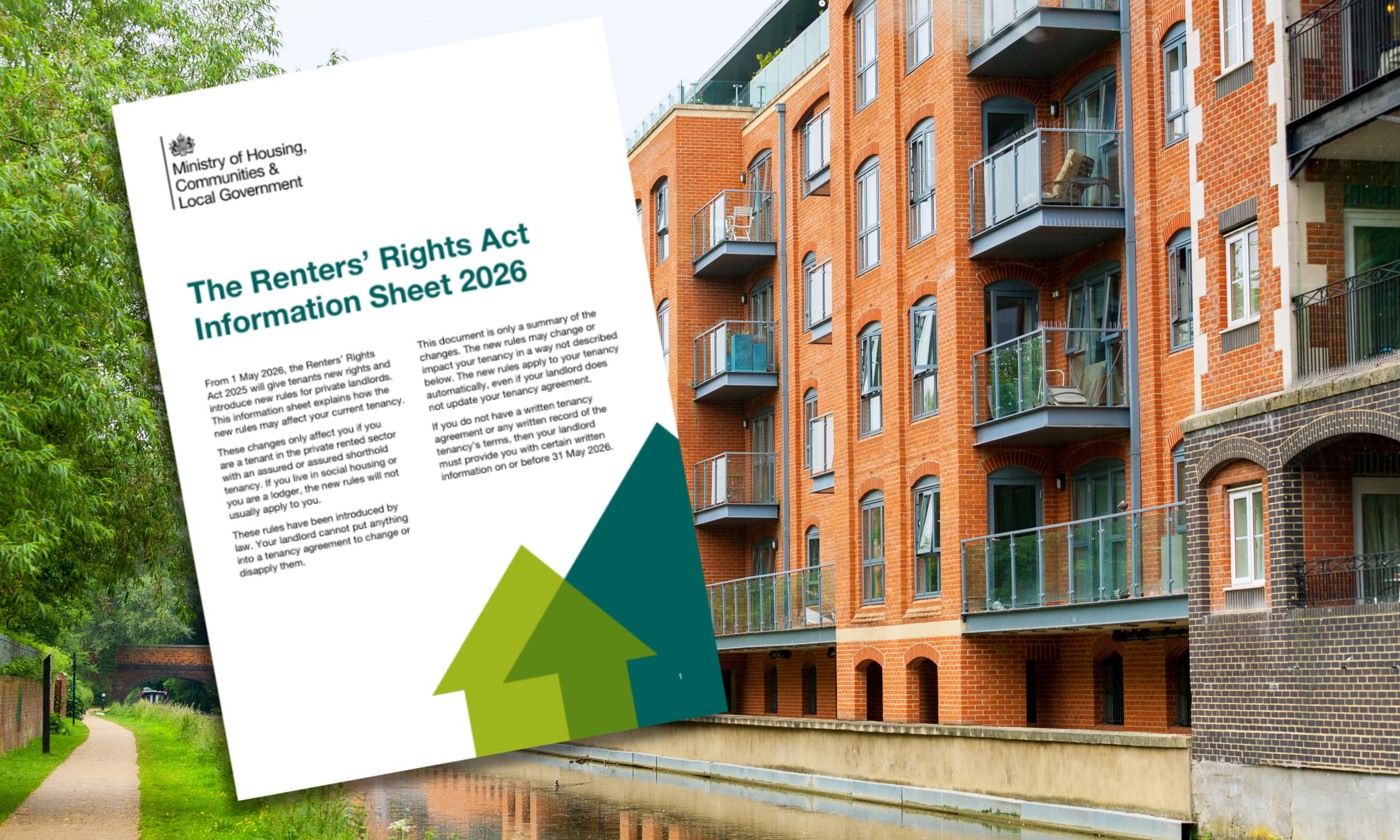 The Renters' Rights Act Information Sheet must be sent to all tenants by 31 May 2026 Renters Rights Act Information Sheet overlaid on top of image of apartments in Oxford